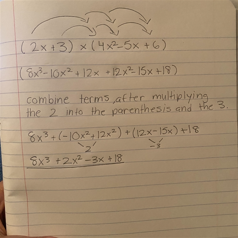 What is the product of 2x + 3 and 4x² - 5x+6?-example-1