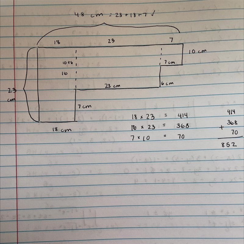 What is the area of this figure? 48 cm 10 cm 7 cm 23 cm 6 cm 23 cm 7 cm 18 cm square-example-1