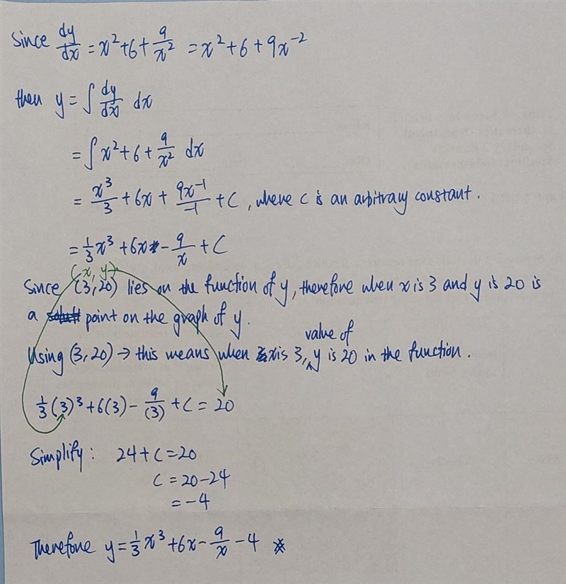 The gradient of a curve C is given by dy = x² + 6 + 9x-². dx The point (3, 20) lies-example-1