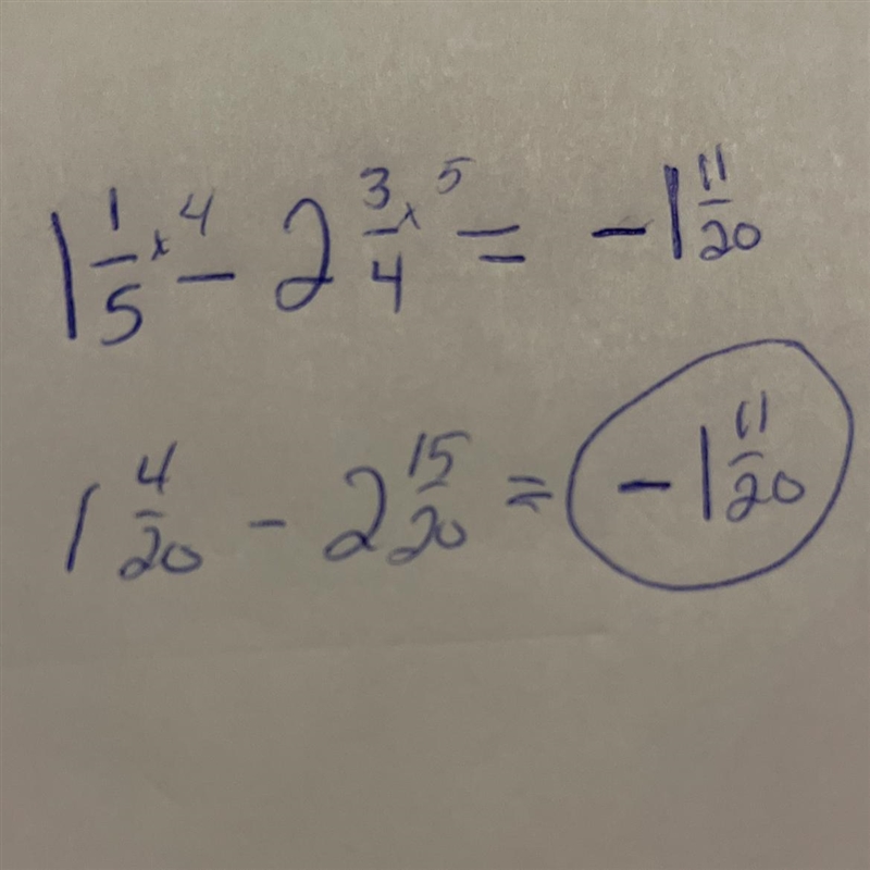 What does 1 whole 1/5 - 2 wholes 3/4 =-example-1