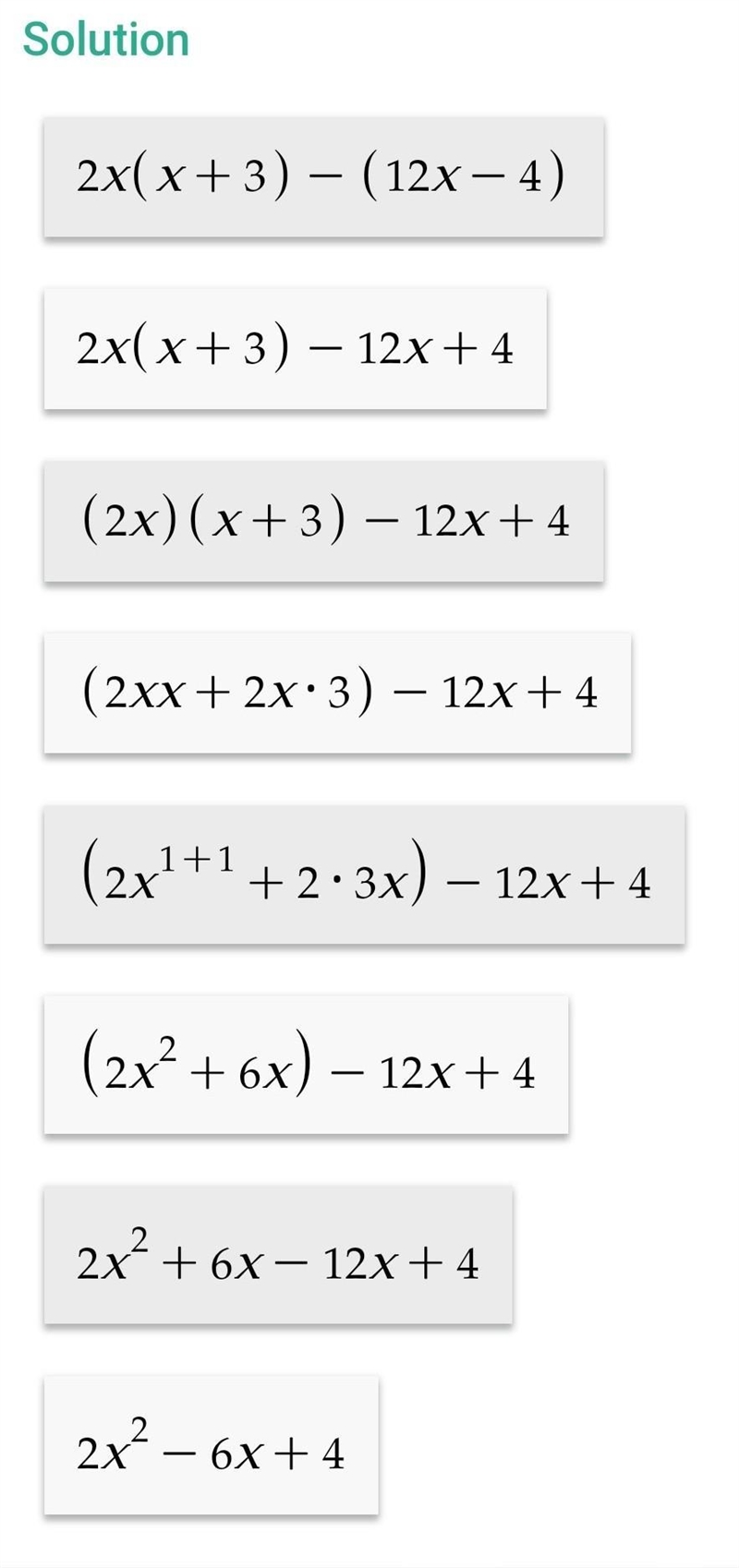 Simplify the expression. 2x(x + 3) - (12x - 4)-example-1