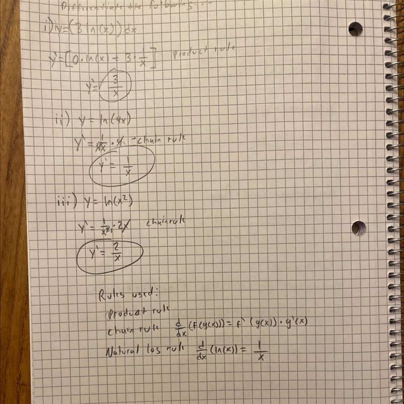 1) Differentiate the following. (i) y=3 ln x (ii) y=In(4x) (iii) y = ln(x²)-example-1