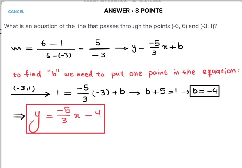 What is an equation of the line that passes through the points (-6, 6) and (-3, 1)?-example-1