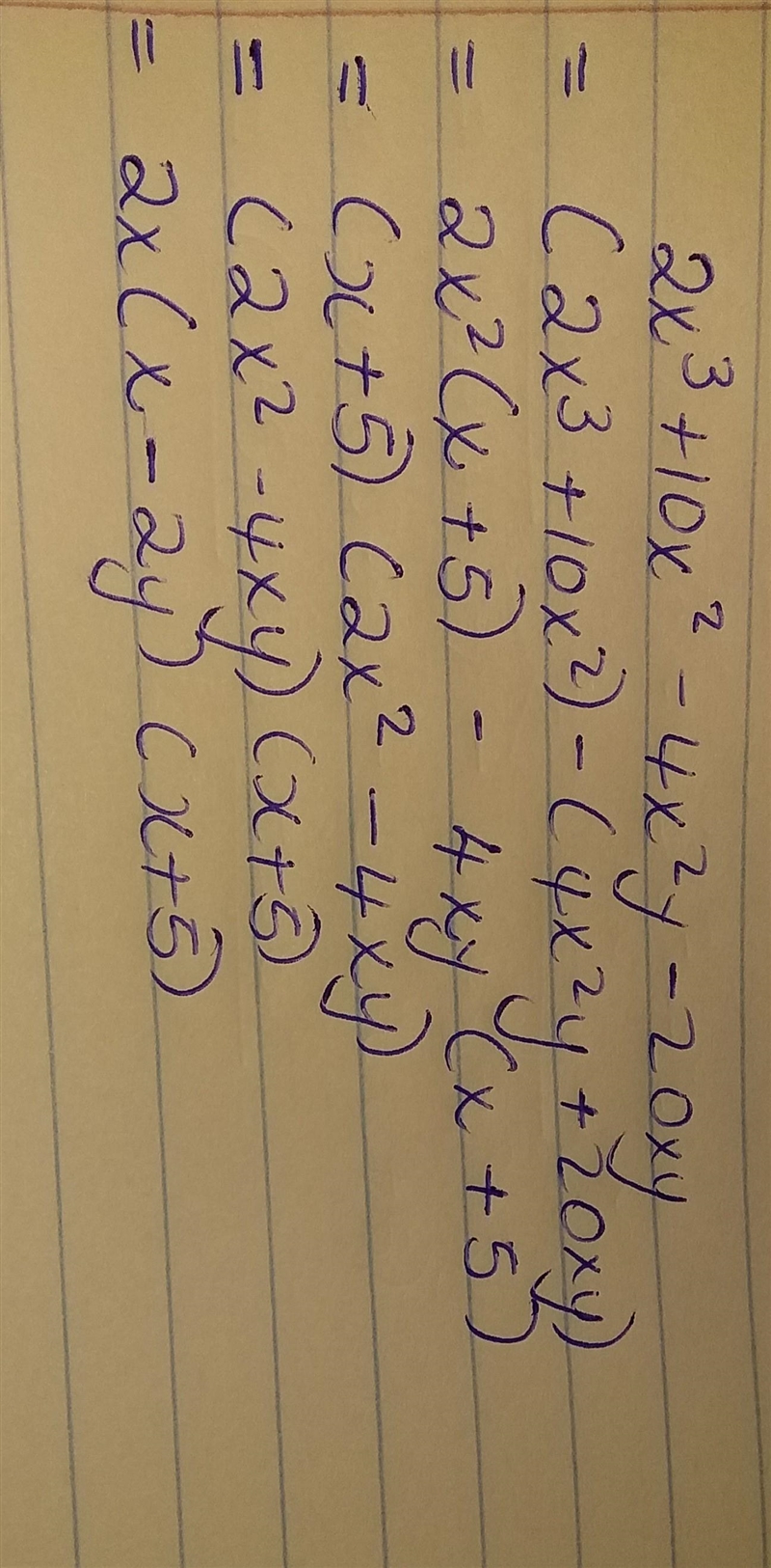 2x3 + 10x2 − 4x2y − 20xy Factor the entire expression completely. Show the steps of-example-1