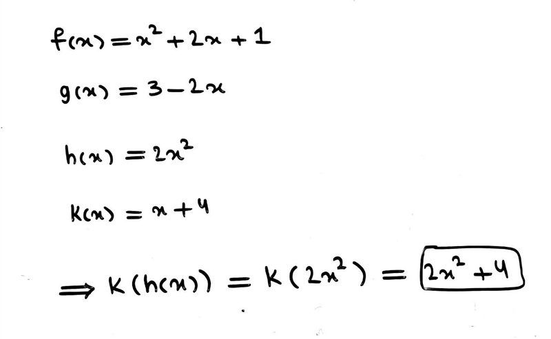 Directions: Simplify and write in standard form, letting f(x) = x2 + 2x + 1, g(x) = 3 - 2x-example-1