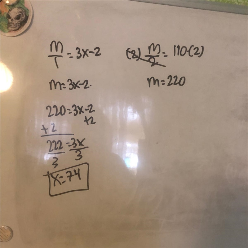 1. If m/1 equals (3x - 2) and m\2 equals 110, what is the value of x?-example-1