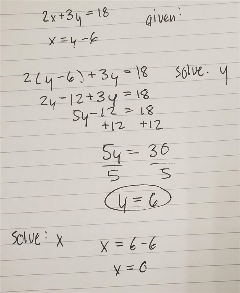 Use substitution to solve the following system of equations 2x + 3y = 18 AND X = y-example-1