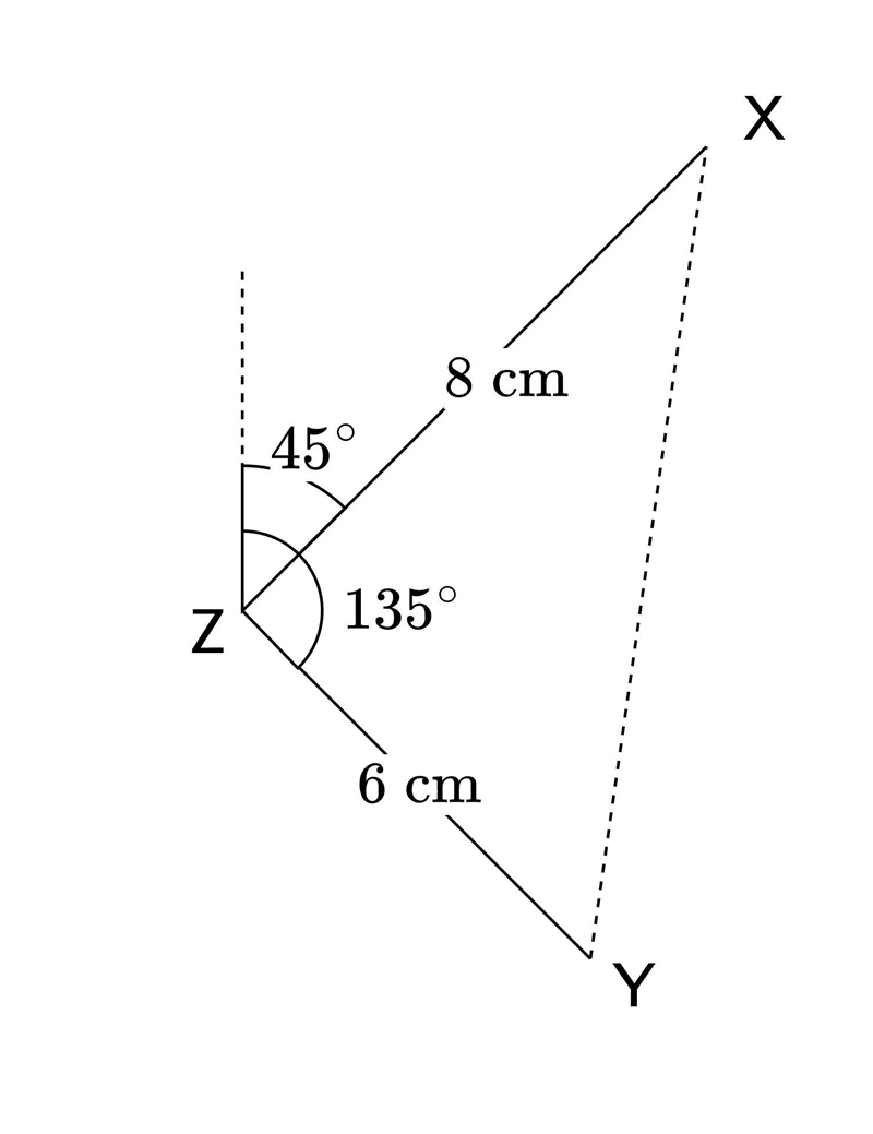 The bearing of two points x and y from z are 45° and 135° respectively . if |zx|=8cm-example-1