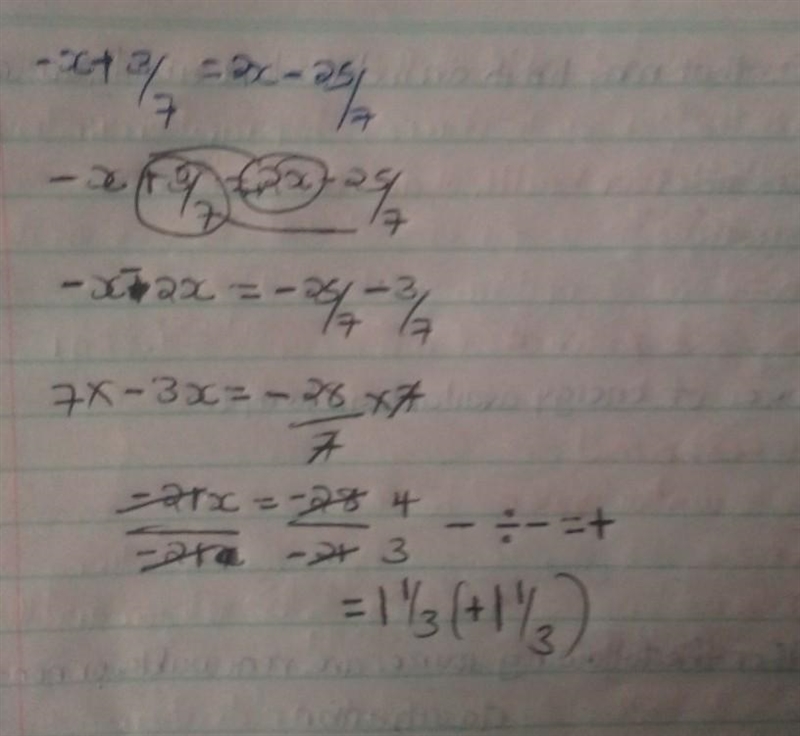 What is the solution for x in the equation? - x + 3/7 = 2x - 25/7-example-1