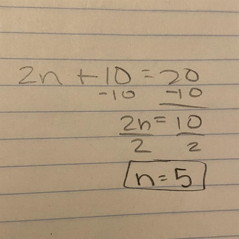 5) 2(n + 5) = 20 what is the answer need immediately-example-1