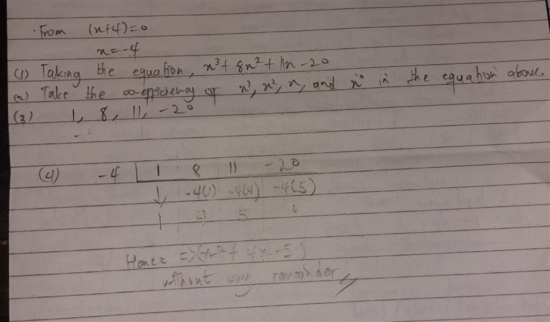 Use synthetic division to divide x^3+8x^2+11x-20 by (x+4). Explain steps-example-1