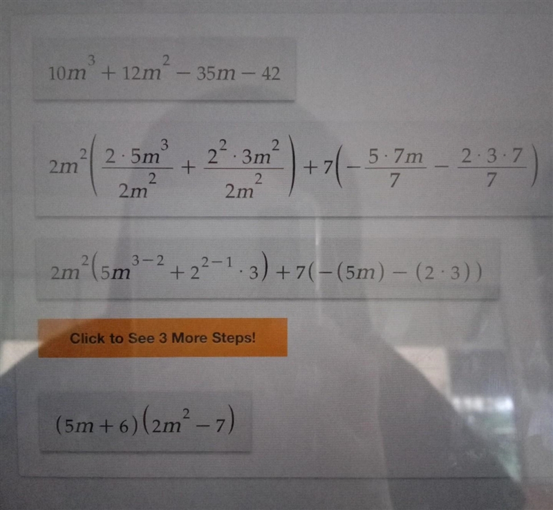 Factor: 10m^3 + 12m^2-35m -42 we are doing factoring trinomials and factor by grouping-example-1