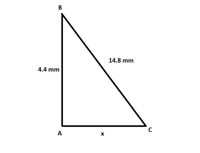 A, B and C form a triangle where ∠BAC = 90° AB = 4.4mm and BC = 14.8mm Find the length-example-1