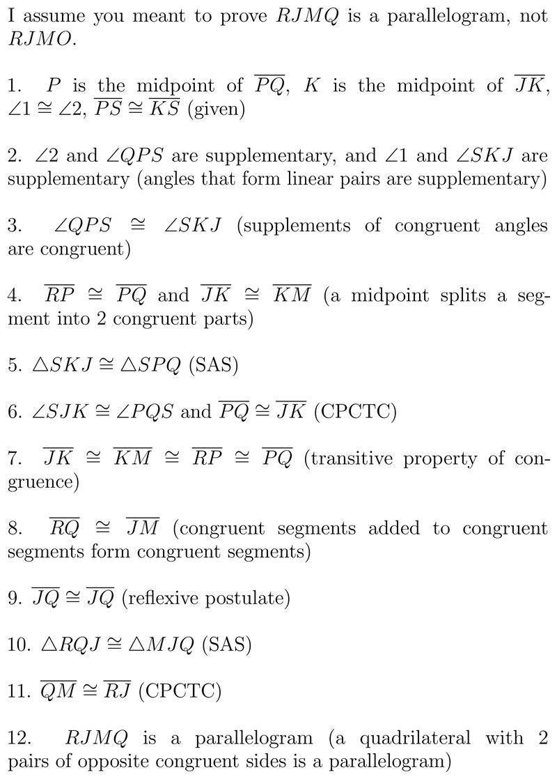 Given: P is the midpoint of segment PQ, K is the midpoint of segment JK, angle 1 is-example-1