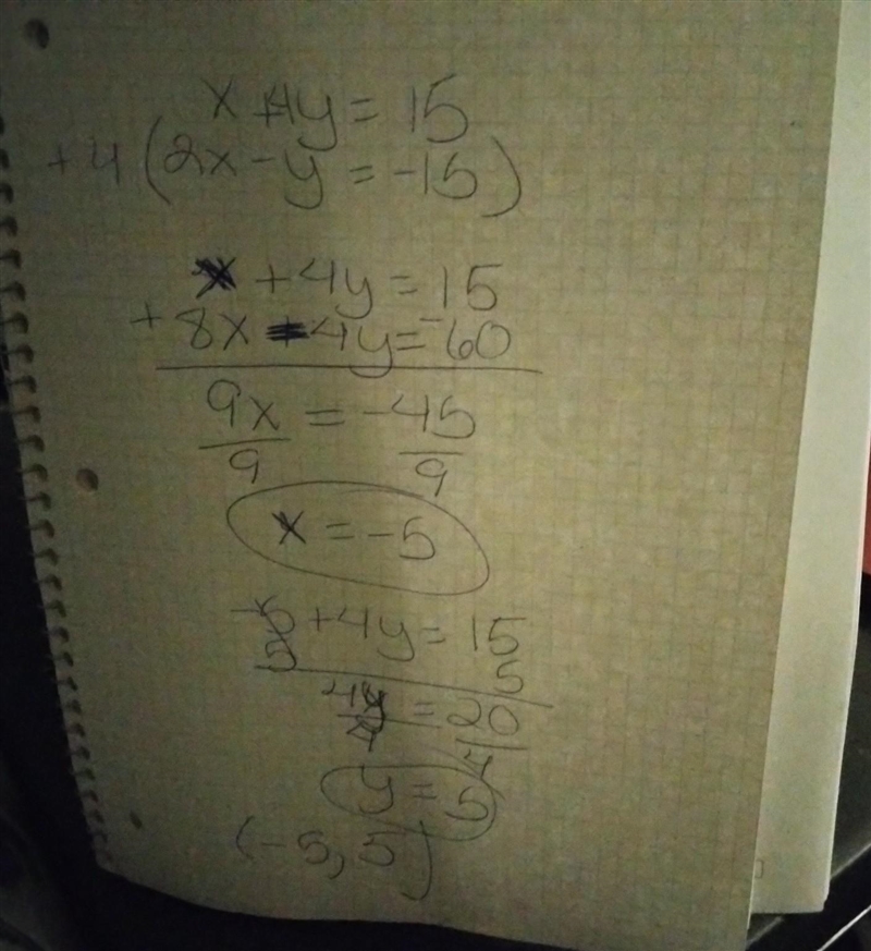 X + 4y= 15 2x-y=-15 Solve for X and Y-example-1