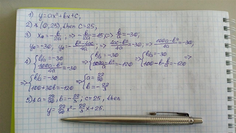 6. The vertex of a parabola is (15,-30) and the y-intercept is (0,25). Is this enough-example-1