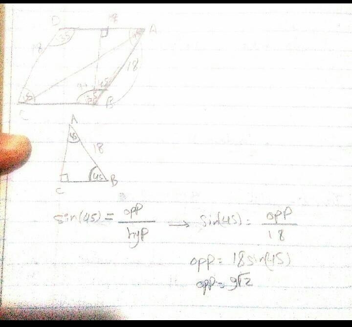 parallelogram ABCD where measure angle B = 135º and AB = 18 in. find the height of-example-1