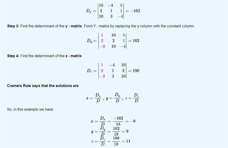 Solve the Matrix. x - 4y + 5z = 10 \\ 2x + y + z = 2 \\ - 3x + 3y - 4z = 10-example-2