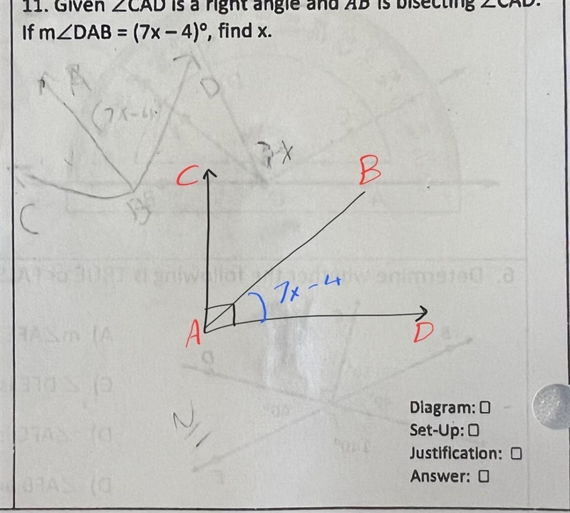 Given CAD is a right angle and AB is bisecting CAD and if DAB=(7x-4) find X-example-1