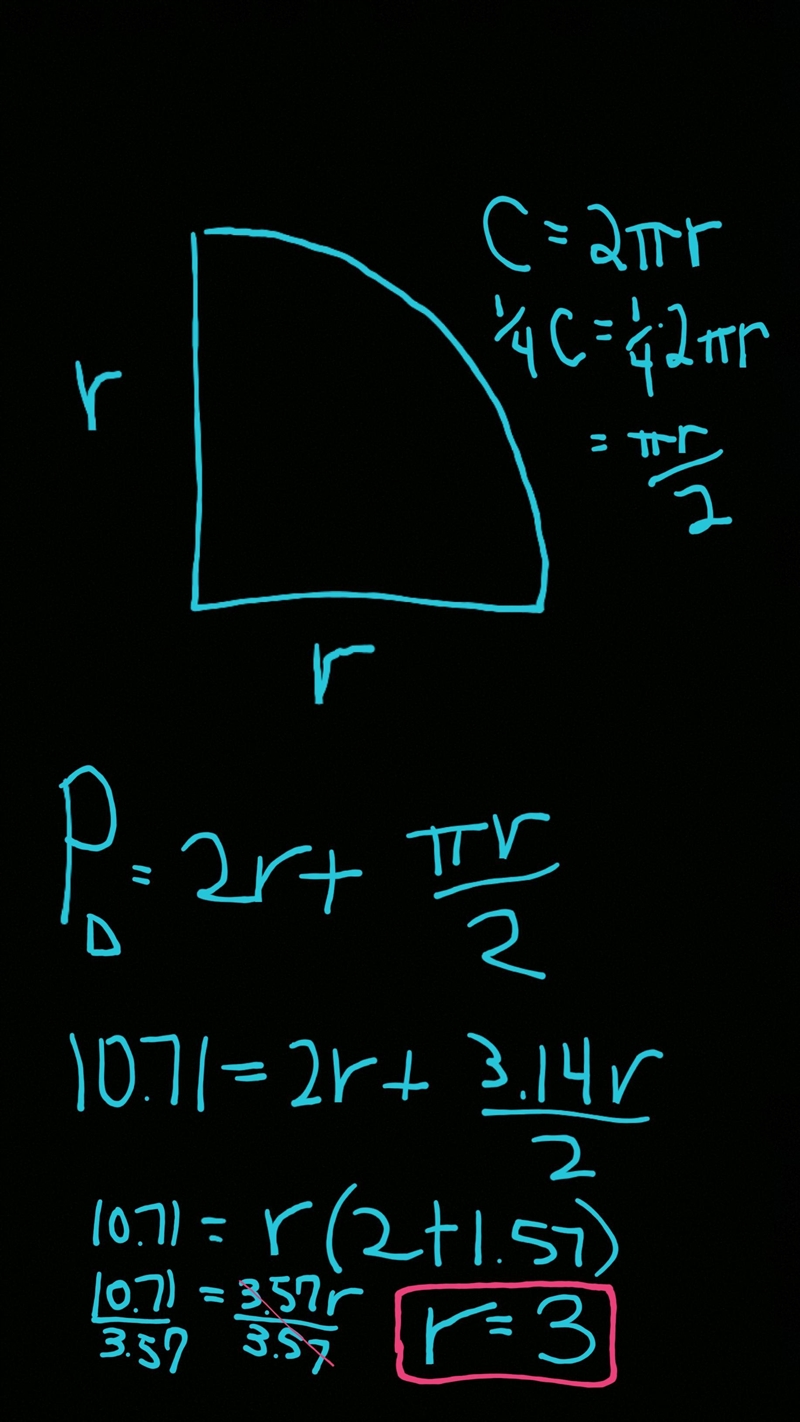 The perimeter of a quarter circle is 10. 71 yards. What is the quarter circle's radius-example-1