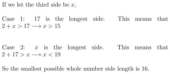 A triangle has two sides of length 17 and 2. What is the smallest possible whole-number-example-1