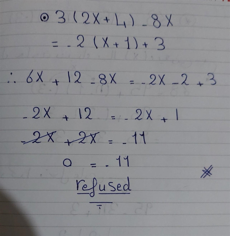 What is x? 3(2x + 4) - 8x = -2(x + 1) + 3 50 points because I have a lot :/-example-1