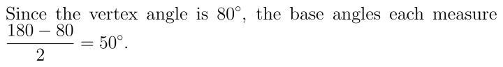 An acute isosceles triangle has an angle that measures 80 degrees which is located-example-1