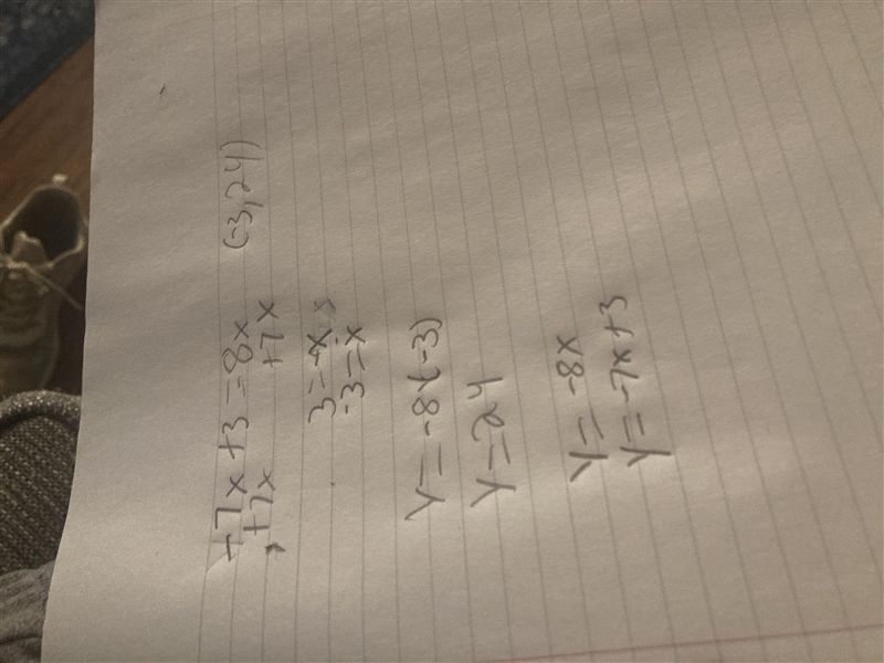 Solve the system by substitution. y = -7x+ 3 y = -8x-example-1