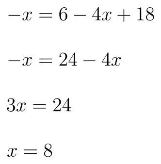 What is the value of x in the equation −x = 6 − 4x + 18? (1 point) 24 8 −8 −24​-example-1