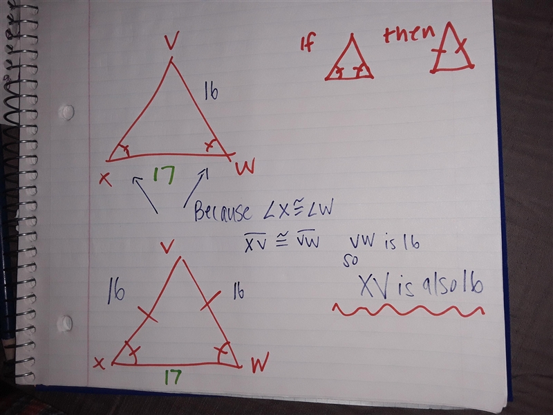 In VWX, X ≈ W, WX = 17 and VW = 16. Find XV. HELPPPPP-example-1