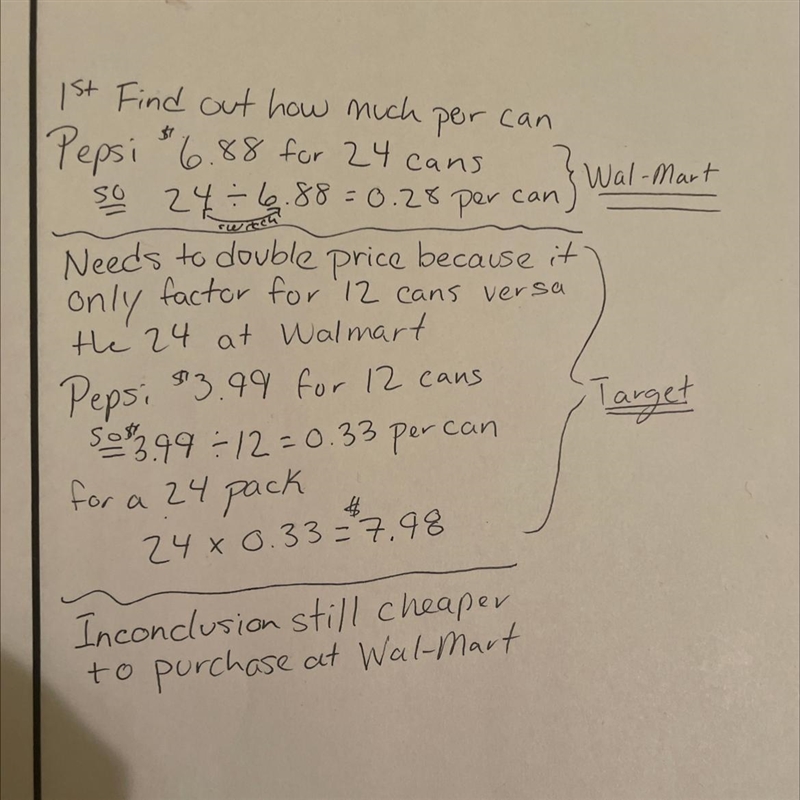 Wal-mart sells a case of 24 cans of Pepsi for $6.88. Target sells a 12 pack of Pepsi-example-1