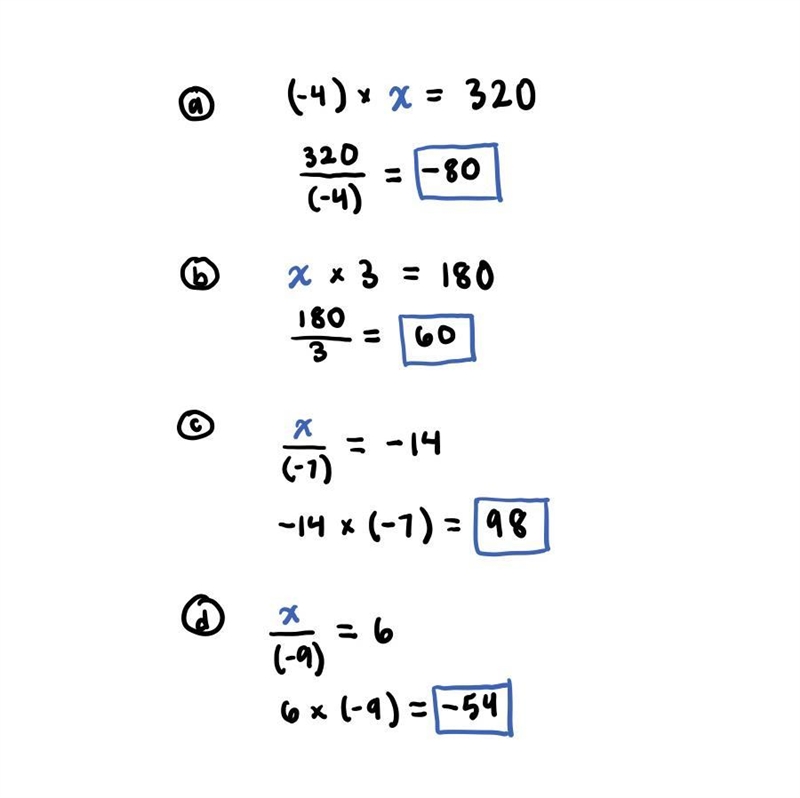 Work out the missing numbers: a) (-4) x __ = 320 b) __ x 3 = 180 c) __ / (-7) = (-14) d-example-1