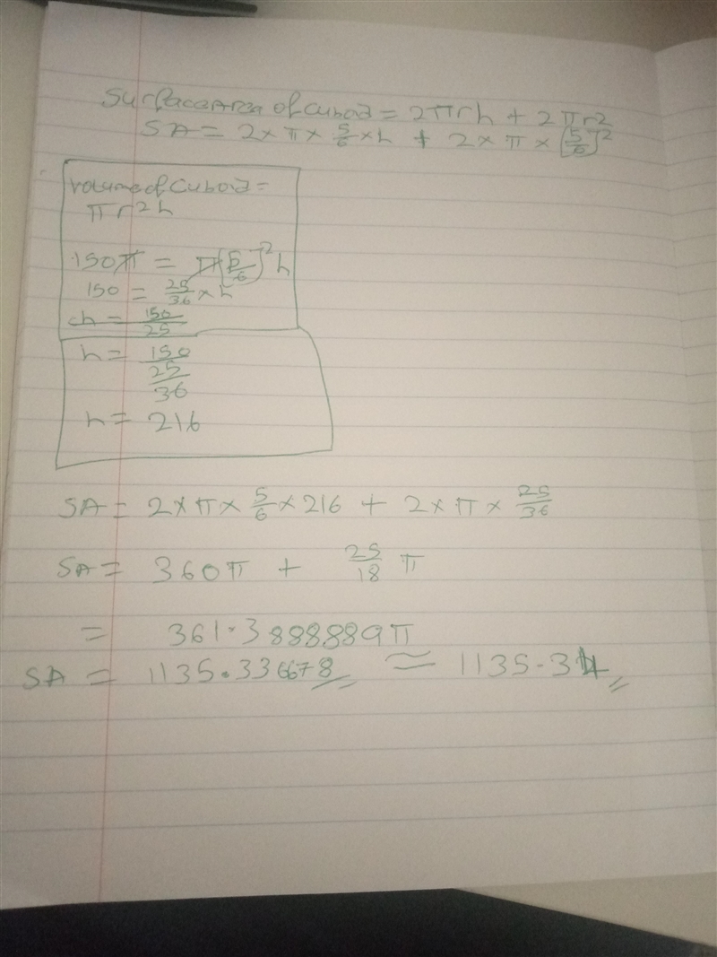 The radius of a cylinder is $5/6$ its height. find the total surface area of the cylinder-example-1