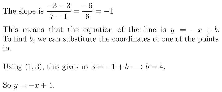 What is an equation of the line that passes through the points (1, 3) and (7, -3)?-example-1