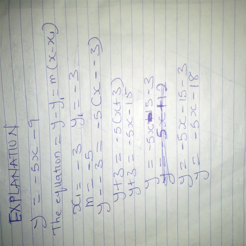 Find the equation of the line that is parallel to y = -5x – 9 and contains the point-example-1