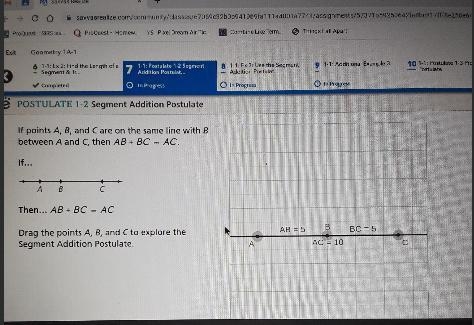 If points A,B and C are on the same line with B between A and C, then AB+ BC = AC-example-1