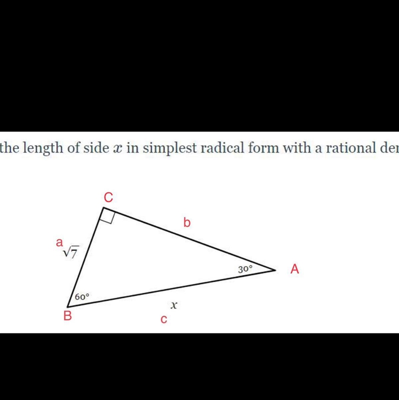 Find the length of side x in simplest radical form with a rational denominator.-example-1