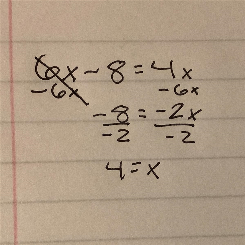 What is the solution for the equation 6x - 8 = 4x? Ox= 0.8 Ox= 4 Ox= 8 Ox= 16 HELP-example-1