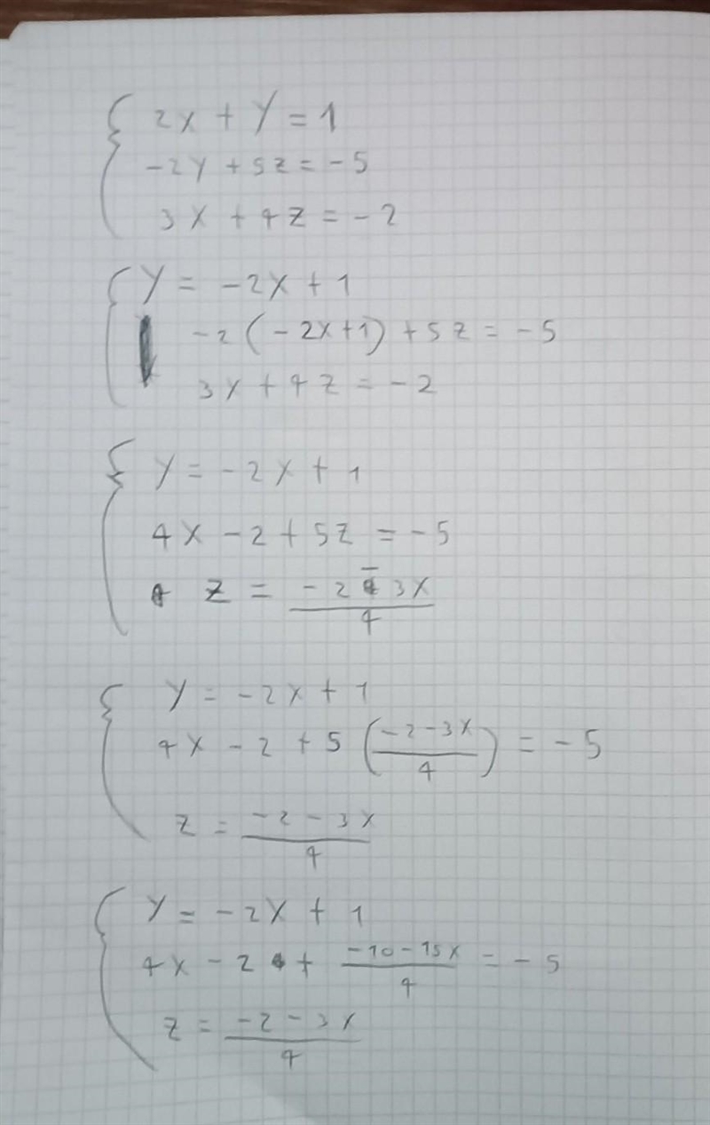 2x + y = 1 -2y + 5z = -5 3x + 4z = -2-example-1