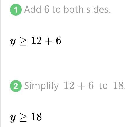 Solve the inequality and describe the solution set. y – 6 ≥ 12-example-1