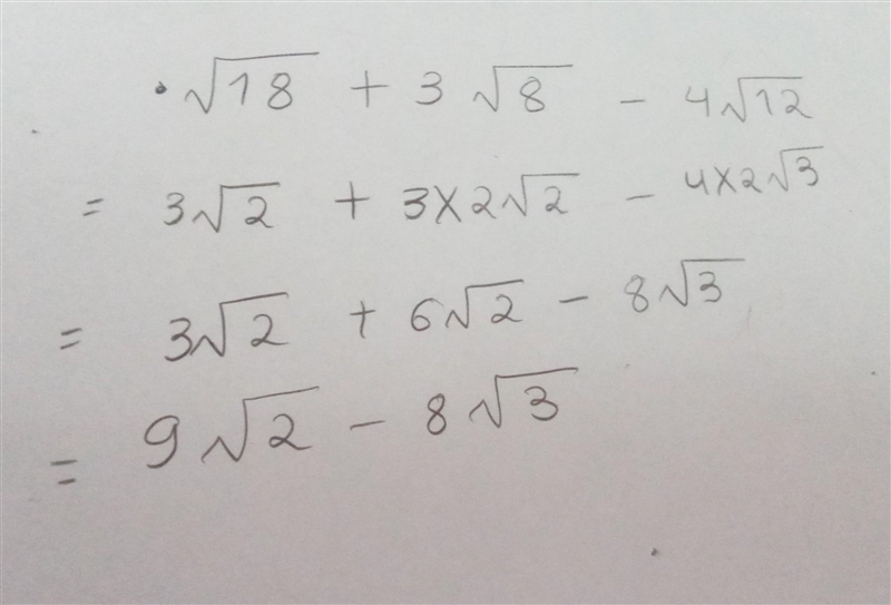 PLEASE HELP I REALLY NEED IT IT'S DUE TOMORROW simplify completely √(18)+3√(8) -4√(12) please-example-1