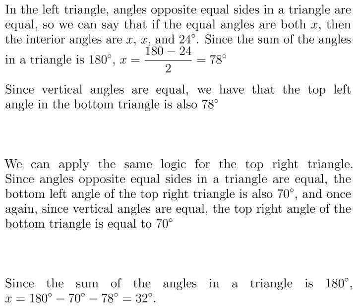 Given that a = 24° and b = 70°. Work out x , explaining each stage of your working-example-1