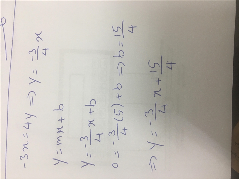 The line contains the point (5,0) and is parallel to the line defined by "-3x-example-1