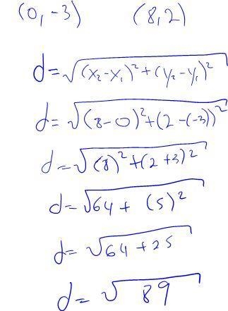 Find the distance between the two points in simplest radical form. (0, -3) (8,2)-example-1