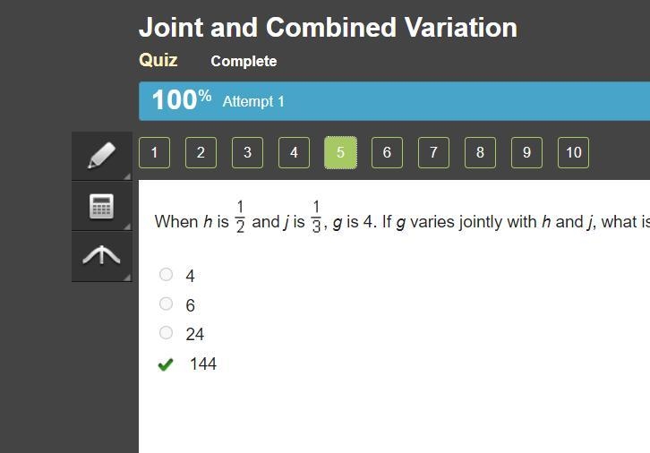 When h is one-half and j is one-third, g is 4. if g varies jointly with h and j, what-example-1