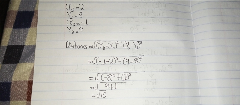 Find the distance between the points (2, 8) and (-1, 9). 1.√10 2. √2 3.2√3-example-1