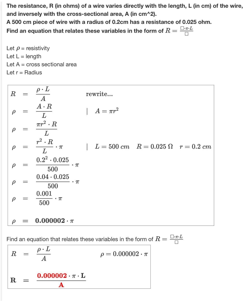 - Complete the equation that relates the variables R, L, and A. The resistance, R-example-1