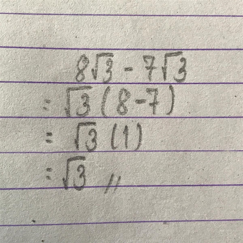 What is the solution to 8√3 - 7√3? √3 56√3 √6 √9-example-1