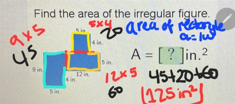 HELP PLEASE Find the area of the irregular figure. 5 in. 4 in A = [ ? ]in.? 5 in. 9 in-example-1