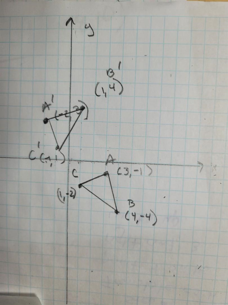 Which sequence of transformations produces A’B’C’ from ABC? On a coordinate plane-example-1